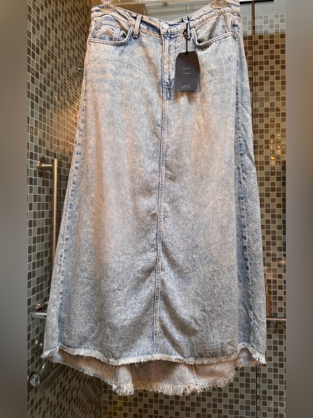 Current/Elliott Pale Blue Acid-Wash Denim Maxi Skirt